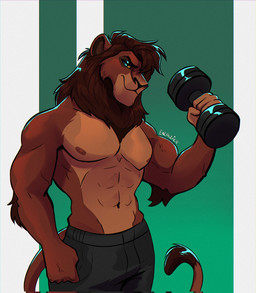 abs anthro anthrofied arm_tuft bottomwear brown_body brown_fur brown_hair clothed clothing dumbbell elbow_tuft exercise fur green_eyes hair male mane muscular muscular_anthro muscular_male narrowed_eyes navel nipples partially_clothed pecs shorts solo topless tuft weightlifting weights workout excallior disney the_lion_king kovu_(the_lion_king) felid lion mammal pantherine hi_res