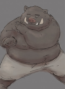 5_fingers anthro belly biped bottomwear clothing fingers humanoid_hands kemono male moobs nipples overweight overweight_male shorts simple_background solo standing tusks pommn_mn mammal suid suine sus_(pig) wild_boar 2026 hi_res