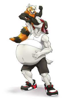 angry anthro belly big_belly black_body black_fur bottomwear clothing duo footwear fur hair hat headgear headwear horn huge_belly male male_pred male_prey oral_vore orange_body orange_fur pants red_hair shirt shoes tank_top topwear vore white_body white_fur takesu ailurid bovid caprine goat mammal red_panda hi_res