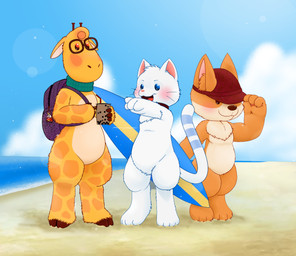 anthro backpack bag beach beady_eyes blush brown_body clothing eyewear fur gesture glasses group hand_gesture hat hat_only headgear headgear_only headwear headwear_only hooves interspecies keychain male mascot milk_tea mostly_nude orange_body orange_fur pointing scarf sea simple_background smile surfboard tail trio water white_body white_fur young young_anthro munimuni gcash gcat_and_friends nintendo pokemon corgi_g gcat graff_(gcash) canid canine canis domestic_cat domestic_dog felid feline felis fuecoco generation_9_pokemon giraffe giraffid herding_dog mammal pastoral_dog pokemon_(species) welsh_corgi absurd_res hi_res