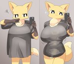 2023 5_fingers :3 ambiguous_fluids ambiguous_gender anthro anthro_on_anthro between_breasts big_breasts black_eyes blush blush_lines bottomless breasts brown_body brown_fur canid canine cellphone clothed clothing colored dai-chan_(lets0020) digital_media_(artwork) dipstick_tail duo electronics face_in_breasts female female/ambiguous female_anthro fingers fox front_view fur gloves_(marking) grey_background head_between_breasts hi_res holding_cellphone holding_object holding_phone holding_smartphone huge_breasts humanoid_hands inner_ear_fluff inside_clothing kemono larger_anthro larger_female lets0020 looking_at_object looking_at_phone mammal markings multicolored_body multicolored_fur multicolored_tail neck_tuft okitsune_(lets0020) phone portrait pupils selfie sequence shaded shirt shirt_overhang simple_background simple_shading size_difference smaller_ambiguous smaller_anthro smartphone smile standing tail tail_markings tan_body tan_fur tan_tail tan_tail_tip three-quarter_portrait topwear translucent translucent_clothing translucent_shirt translucent_topwear true_fox tuft two_tone_tail white_inner_ear_fluff white_pupils yellow_body yellow_ears yellow_fur yellow_inner_ear yellow_tail