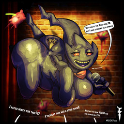 ass_up big_breasts big_butt breasts butt featureless_breasts female food fruit plant pokemorph shortstack slightly_chubby text wide_hips dnp101 nintendo pokemon banette generation_3_pokemon humanoid pokemon_(species) 1:1 english_text hi_res