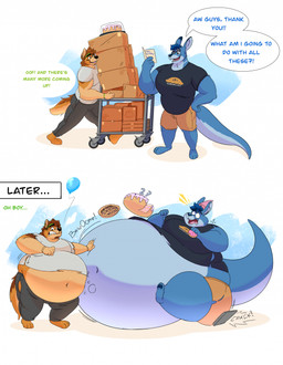 anthro before_and_after belly belly_expansion big_belly big_tail biped birthday_cake bloated bottomwear cake clothed clothed_anthro clothed_male clothing dessert dialogue duo expansion food fully_clothed fully_clothed_anthro fully_clothed_male huge_belly hyper hyper_belly immobile male morbidly_obese morbidly_obese_anthro morbidly_obese_male navel obese obese_anthro obese_male overweight overweight_anthro overweight_male pants pastry pawpads pie plantigrade shirt shocked shorts speech_bubble stuffing t-shirt tail tearing_clothing text topwear torn_clothing weight_gain wwwonderpuff kygen_(kygen) wonderpuff_(character) canid canine canis coyote kangaroo macropod mammal marsupial 2025 digital_drawing_(artwork) digital_media_(artwork) english_text hi_res