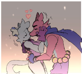 anthro backpack breasts cape clothed clothing collar comfort duo female gloves hand_on_cheek hand_on_hip handwear heart_symbol hug kissing male neckwear side_view simple_background skimpy retrof1sh peeboo canid canine felid feline fox mammal