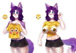anthro belt big_breasts black_bottomwear black_clothing black_hotpants black_shorts blue_eyes blush bottomwear breasts bulging_smiley_shirt_meme cleavage clothed clothing colored curvy_figure digital_media_(artwork) ear_piercing emoji emoji_clothing exposure_variation female flustered_face_emoji flustered_face_emoji_t-shirt fur hair hands_behind_back happy hi_res hotpants hourglass_figure inner_ear_fluff looking_at_viewer meme multiple_poses murfa navel nipple_analogue open_clothing piercing portrait pose purple_body purple_fur purple_hair shirt shorts simple_background small_waist solo standing tail three-quarter_portrait topless topwear tuft white_body white_fur yellow_clothing yellow_eyes yellow_shirt yellow_topwear