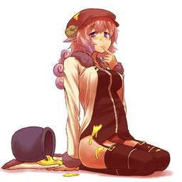blush clothing curled_horn curly_hair female finger_fetish finger_in_mouth finger_play fingers flat_cap food grey_hair hair hat headgear headwear honey_(food) horn jacket legwear long_hair purple_eyes solo stockings topwear kuromiya animal_humanoid humanoid mammal 1:1