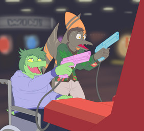 anthro arcade arcade_machine clothed clothing disability duo female green_body green_hair grey_body grey_skin gun hair handgun hoodie long_snout male open_mouth paraplegic ranged_weapon scar short_hair slightly_chubby slightly_chubby_female snout topwear vehicle weapon wheelchair wings yellow_eyes yellow_sclera protonmono cavemanon_studios goodbye_volcano_high i_wani_hug_that_gator ko_op_(game_developer) snoot_game naser_(gvh) olivia_halford baryonyx dinosaur prehistoric_species pterodactylus pterosaur reptile saurischian scalie spinosaurid theropod hi_res