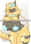 absurd_res accessory anthro areola aurora_(nbanoob) big_breasts black_body black_fur blonde_hair blue_areola blue_eyes blue_nipples blush bodily_fluids breasts crossed_arms fangs felid female flower flower_in_hair fur fur_markings generation_7_pokemon genitals hair hair_accessory hi_res huge_breasts huge_thighs lactating leg_markings legendary_pokemon looking_pleasured mammal markings milk multicolored_body multicolored_fur nintendo nipples nude open_mouth open_smile plant pokemon pokemon_(species) pussy smile solo standing striped_body striped_fur stripes tail tailzkim teeth thick_thighs yellow_body yellow_fur zeraora