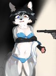 anthro bikini blue_bikini blue_clothing blue_eyes blue_swimwear blush bodily_fluids breasts camel_toe clothing crying embarrassed execution female fluffy fluffy_tail forced forced_exposure forced_undressing gun gunpoint hair handgun heterochromia holding_gun holding_object holding_ranged_weapon holding_weapon imminent_death kidnapping light looking_at_viewer navel orange_eyes pawpads peril pistol ranged_weapon scared short_hair silencer small_breasts solo submissive submissive_female swimwear tail tears two-piece_swimsuit undressing weapon welling_tears wet wet_clothing lolcat00 josephine_(lolcat00) canid canine canis mammal wolf absurd_res hi_res