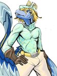 3:4 5_fingers anthro batrixy blonde_hair blue_body blue_eyes blue_feathers blue_scales cavemanon_studios clothing colored crossover diego_brando dinosaur dromaeosaurid fangs feathered_dinosaur feathered_scalie feathers fingers gloves hair hand_on_hip handwear hat headgear headwear hi_res jojo's_bizarre_adventure long_tail male reptile scales scalie shirt simple_background snoot_game snout solo sweater tail tail_feathers teeth theropod topwear turtleneck utahraptor