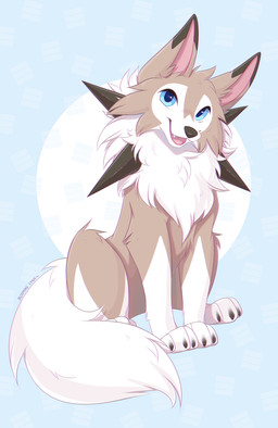 ambiguous_gender black_nose blue_eyes brown_body brown_fur cheek_tuft chef facial_tuft feral fur head_tuft looking_at_viewer open_mouth open_smile pattern_background pink_inner_ear pink_tongue simple_background sitting smile solo tongue tuft white_body white_fur bloominglynx nintendo pokemon generation_7_pokemon lycanroc midday_lycanroc pokemon_(species) absurd_res digital_drawing_(artwork) digital_media_(artwork) hi_res