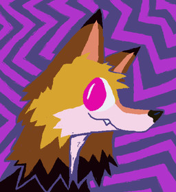 abstract_background ambiguous_gender anthro fur pink_eyes purple_background side_view simple_background smile solo yellow_body yellow_fur demensa canid canine canis coyote mammal 2024 bust_portrait hi_res portrait
