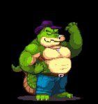 anthro belly big_belly bottomwear clothing green_body hat headgear headwear kemono male moobs muscular muscular_male navel overweight overweight_male pants solo nanadragon4 brok_the_investigator cowcat_games brok_(brok_the_investigator) alligator alligatorid crocodilian reptile scalie 2024 animated short_playtime