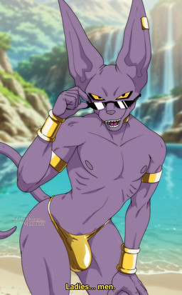 anthro armlet beach bracelet bulge clothing detailed_bulge dialogue genital_outline gold_(metal) gold_jewelry gold_speedo jewelry male neck_ring nipples pecs penis_outline purple_body solo speedo swimwear tail zimakum dragon_ball dragon_ball_super beerus felid feline mammal absurd_res hi_res
