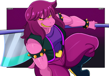 anthro armband armwear big_breasts boots bracelet breasts clothed clothing crouching female footwear freckles fully_clothed grin grinning_at_viewer hair heart_symbol holding_object holding_weapon jewelry legwear looking_at_viewer non-mammal_breasts pink_body shoes simple_background smile smiling_at_viewer solo spiked_armband spiked_bracelet spikes text tomboy weapon yellow_eyes tawman_art deltarune undertale_(series) susie_(deltarune) scalie colored digital_media_(artwork) hi_res shaded