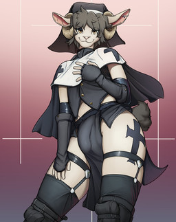 alternative_fashion anthro bulge clothed clothing femboy goth horn legwear male nun_outfit solo thick_thighs thigh_highs thong underwear dar-kuu merino_lana bovid caprine mammal sheep hi_res