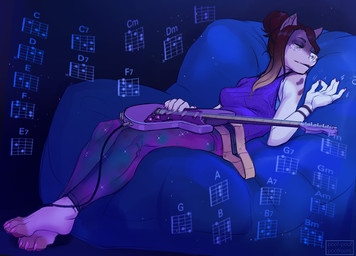 4_toes 5_fingers anthro breasts brown_hair clothed clothing electric_guitar feet female fingers guitar hair music musical_instrument plucked_string_instrument solo string_instrument toes poofroom fender_musical_instruments_corporation stratocaster canid canine canis domestic_dog mammal 2021 digital_media_(artwork)