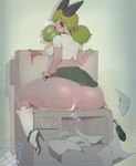 anus big_butt biped bottomwear breasts butt clothed clothing female footwear genitals green_hair hair high_heels huge_butt no_underwear panties photocopier pupils pussy shoes skirt solo thick_thighs underwear fullmontis humanoid hi_res