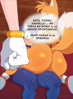 5_fingers ambiguous_gender angry anthro big_butt black_eyes black_nose black_text blue_body blue_eyes blue_fur bracelet bubble_butt butt cheek_tuft clothing dialogue dipstick_tail facial_tuft female femboy fingers footwear fur furniture glistening glistening_body glistening_butt gloves group hand_on_hip handwear head_tuft jewelry logo looking_back male male/male markings narrowed_eyes on_lap orange_body orange_fur pink_body pink_fur shoes sitting socks sofa tail tail_markings tan_body tan_fur tan_inner_ear text thick_thighs trio tuft vein white_body white_clothing white_fur white_gloves white_handwear white_inner_ear white_text wide_hips 9_styless sega sonic_the_hedgehog_(series) amy_rose miles_prower sonic_the_hedgehog canid canine eulipotyphlan fox hedgehog mammal 2026 absurd_res artist_logo artist_name hi_res partially_translated spanish_text translation_check translation_request