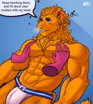 abs anthro biceps big_muscles blush bottomwear bulge clothed clothing dialogue disembodied_hand duo flirting fur grope hair hand_on_chest heart_symbol jockstrap male mane muscular muscular_anthro muscular_male orange_body orange_fur pecs simple_background smile solo_focus speech_bubble stated_homosexuality stated_sexuality steam symbol tail tail_tuft teeth text triceps tuft underwear haydenskull holland felid lion mammal pantherine digital_media_(artwork) english_text