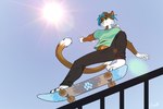 4_toes 5_fingers anthro brown_body brown_fur clothed clothing day feet fingers fur male outside skateboard sky smile solo sun tail toes vehicle white_body white_fur sinalanf domestic_cat felid feline felis mammal 2023 3:2 digital_media_(artwork)