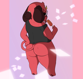 anthro big_butt black_clothing black_eyes black_topwear bodily_fluids bottomless brown_body brown_fur butt clothed clothing dessert dipstick_ears ear_markings eyewear female food fur glasses hair head_tuft holding_food holding_ice_cream holding_object horn ice_cream looking_at_viewer looking_back looking_back_at_viewer multicolored_ears pink_background pink_body pink_fur ponytail popsicle purple_background rear_view rectangular_glasses shortstack simple_background solo sweat sweatdrop thick_thighs tongue tongue_out topwear tuft wide_hips yellow_horn demonicdisaster mythology dem_(demonicdisaster) canid canid_demon canine canis demon domestic_dog hellhound mammal mythological_canine mythological_creature hi_res