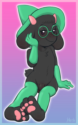 2_horns 3_toes 4_fingers anthro armwear balls black_body black_fur border chest_tuft clothing collarbone elbow_gloves eyewear feet fingers flaccid floppy_ears fur genitals glasses gloves gradient_background green_armwear green_clothing green_elbow_gloves green_eyewear green_glasses green_gloves green_handwear green_hat green_headwear green_leg_warmers green_legwear half-closed_eyes handwear hat headgear headwear horn leg_warmers legwear looking_at_viewer lop_ears male male_anthro monotone_body monotone_fur mostly_nude_anthro mostly_nude_male narrowed_eyes outline pawpads penis pink_border pink_horn pink_pawpads pose round_glasses scut_tail short_tail simple_background sitting smile solo tail text toes tuft wearing_glasses white_outline wizard_hat young young_anthro young_male heshieokf deltarune undertale_(series) ralsei bovid caprine goat mammal 2026 absurd_res artist_name colored digital_drawing_(artwork) digital_media_(artwork) full-length_portrait hi_res pinup portrait shaded