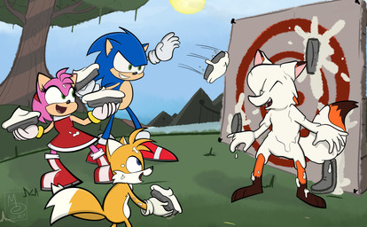 anthro boots bullseye clothed clothing cream_pie_(food) dessert dress female food footwear fur gloves grass green_eyes group hair handwear holding_food holding_object male messy multi_tail open_mouth outside pastry pie pie_(food) pie_in_face pink_body plant red_boots red_clothing red_dress red_footwear red_shoes shoes smile tail target_(marking) throwing_food topwear wam sebaku sega sonic_the_hedgehog_(series) amy_rose miles_prower sonic_the_hedgehog canid canine eulipotyphlan fox hedgehog humanoid mammal absurd_res digital_media_(artwork) hi_res