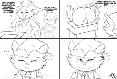 anthro antlers anus balls butt chimney christmas_clothing clothing dialogue duo evil_face genitals gift_wrapped holidays horn looking_at_viewer male stuck_in_chimney text fennephilim_fox christmas league_of_legends mythology riot_games tencent smolder_(lol) teemo_(lol) deer dragon imperial_dragon_(lol) mammal mythological_creature mythological_scalie new_world_deer reindeer scalie yordle comic english_text hi_res line_art monochrome