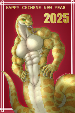abs animal_genitalia anthro apode biceps claws deltoids forearm_muscles forked_tongue genital_slit genitals holidays legless long_tongue looking_aside male markings muscular muscular_anthro muscular_male obliques one_eye_closed pecs scales serpentine serratus solo spots spotted_arms spotted_body spotted_face spotted_hips spotted_markings spotted_scales spotted_shoulders spotted_tail tail tail_markings text tongue tongue_out trapezius triceps v-cut wink withdrawn_penis yellow_body yellow_scales zwolf chinese_new_year chinese_zodiac year_of_the_snake draconcopode naga reptile scalie snake 2025 2:3 english_text hi_res