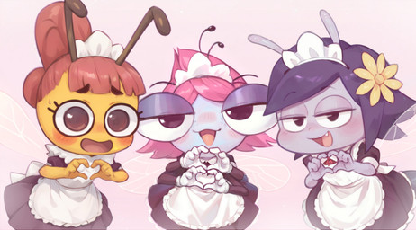 4_arms accessory antennae_(anatomy) anthro blush blush_lines bodily_fluids cartoon_freckles clothing eyelashes eyeshadow fangs female flower flower_in_hair freckled_face freckles glistening_eyelids gloves group hair hair_accessory half-closed_eyes handwear heart_symbol long_eyelashes looking_at_viewer maid_apron maid_hat maid_headdress maid_uniform makeup multi_arm multi_limb narrowed_eyes open_mouth pink_hair plant purple_eyeshadow purple_hair sweat teeth tongue trio uniform 4chan_anon best_bugs_forever disney incredible_ant the_buzz_on_maggie bibi_(incredible_ant) maggie_pesky mo_skeeter arthropod bee fly_(animal) hymenopteran insect mosquito 2024