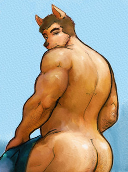 anthro bottomwear bottomwear_down brown_hair butt clothed clothing ears_up eyebrows fur hair looking_at_viewer looking_back male mostly_nude muscular muscular_anthro muscular_male pants pants_down partially_clothed solo reino_fellow canid canine mammal