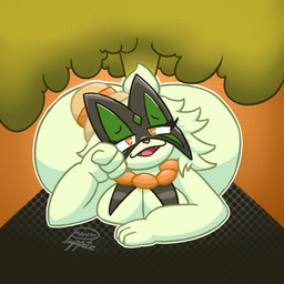 anthro big_butt breasts butt clothing diamond_(marking) eyelashes fangs fart fart_cloud fart_fetish female fur green_body green_fur green_mask half-closed_eyes hand_on_head hat headgear headwear huge_butt looking_at_viewer lying markings narrowed_eyes on_front open_mouth orange_background orange_eyes orange_nose outline short_tail simple_background smile solo sun_hat tail teeth white_outline puppetz_(artist) nintendo pokemon lily_(puppetz) generation_9_pokemon meowscarada pokemon_(species) 1:1 2024 absurd_res digital_drawing_(artwork) digital_media_(artwork) hi_res signature