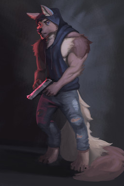 anthro bottomwear clothed clothing denim denim_bottomwear denim_clothing gun handgun hoodie jeans looking_at_viewer male muscular muscular_anthro muscular_male pants pistol ranged_weapon simple_background solo standing topwear weapon harufeng canid canine canis domestic_dog german_shepherd herding_dog mammal pastoral_dog 2:3 absurd_res hi_res