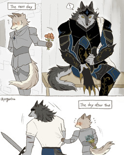 anthro armor black_body black_fur blush blush_lines bottomwear clothed clothing duo eyes_closed facial_scar flower fluffy fluffy_tail fur giving_flower grey_body grey_fur kemono knight knight_armor male male/male medieval_armor melee_weapon military multicolored_body multicolored_fur no_pupils pants plant pointy_ears scar shirt soldier sword tail tan_body tan_fur text topwear two_tone_body two_tone_fur warrior weapon white_body white_fur pegu2726 canid canine canis mammal wolf 2026 absurd_res comic english_text hi_res