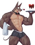 abs alcohol anthro barazoku beverage big_muscles black_clothing black_underwear bow_tie boxer_briefs clothing container countershading cup drinking_glass flower flower_in_mouth glass glass_container glass_cup kemono male manly muscular muscular_anthro muscular_male navel plant rag rose_(flower) rose_in_mouth solo tail towel underwear waiter wine wine_glass wolfanine nameless_character canid canine canis domestic_dog mammal hi_res portrait three-quarter_portrait