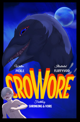 beak bestiality blue_eyes bodily_fluids duo female feral human_on_feral interspecies looking_at_viewer male male/female master_(pickle) moon nude pickle_(writer) saliva shrinking size_transformation styx_(pickle) text transformation vore fluffy_void avian bird corvid corvus_(genus) crow human mammal oscine passerine comic cover cover_art cover_page english_text hi_res