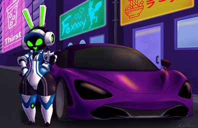 4_fingers anthro breasts car clothed clothing electronics female fingers green_eyes green_mouth headgear headphones headset huge_hips huge_thighs machine small_breasts solo street super_car thick_thighs vehicle wide_hips fuzzycogs project_turboblast tempo_(project_turboblast) lagomorph leporid mammal rabbit robot robot_anthro absurd_res hi_res
