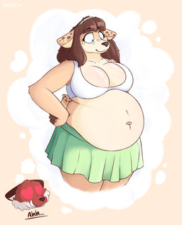 anthro bell belly big_breasts bottomwear breasts clothing cloud duo female hand_on_hip imagination male male/female skirt slightly_chubby slightly_chubby_female speech_bubble mestysa canid canine deer fox mammal absurd_res hi_res