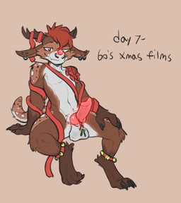 anthro genitals glowing glowing_genitalia glowing_penis male mistletoe penis plant red_nose ribbons solo tired biskierisky deer kobold mammal scalie hi_res