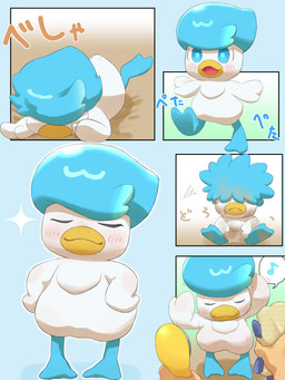 5_panel_comic ambiguous_feral ambiguous_gender avian_feet bath beak biped bipedal_feral blue_background blue_body blue_eyes blue_feathers blue_feet blush blush_lines chest_tuft dirty disembodied_hand duo feathers feet feral feral_focus first_person_view front_view multicolored_body multicolored_feathers onomatopoeia simple_background solo_focus sound_effects text tuft two_tone_body two_tone_feathers white_body white_feathers beageiso nintendo pokemon generation_9_pokemon human mammal pokemon_(species) quaxly 2026 3:4 comic digital_drawing_(artwork) digital_media_(artwork) hi_res japanese_text right_to_left shaded soft_shading