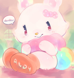 abstract_background ambiguous_anthro ambiguous_gender anthro bow_ribbon chibi closed_smile clothed clothed_ambiguous clothed_anthro clothing footwear fur mouth_closed multicolored_tail neck_tuft orange_clothing orange_footwear pink_body pink_fur simple_eyes sitting smile solo speech_bubble tail text text_on_clothing text_on_footwear tuft white_body yellow_nose ligma_(artist) sanrio wish_me_mell lagomorph leporid mammal rabbit 2026 digital_media_(artwork) full-length_portrait hi_res portrait female_(lore)