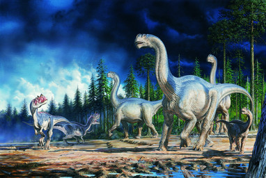 ambiguous_feral ambiguous_gender biped cloud day detailed_background facial_horn feral forest group horn long_neck looking_up nature nature_background nose_horn outside plant quadruped sharp_teeth size_difference tail teeth tree water young young_feral paul_bonner apatosaurus ceratosaurid ceratosaurus dinosaur diplodocid diplodocoid prehistoric_species reptile saurischian sauropod sauropodomorph scalie theropod hi_res traditional_media_(artwork)
