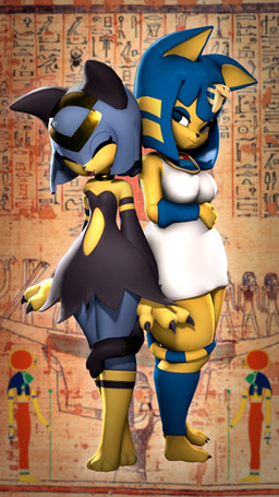 3_toes 4_fingers :3 accessory anthro armwear belly_cutout black_clothing black_dress black_ears blue_eyeshadow blue_hair bob_cut breasts choker claws clothing cutout decorative_scarab detached_sleeves dress duo egyptian egyptian_clothing eyes_closed eyeshadow fangs feet female fingers gold_(metal) gold_choker gold_jewelry gold_necklace hair hair_accessory happy jewelry kalasiris looking_at_another makeup markings medium_breasts medium_hair necklace on_model open_mouth open_smile smile smiling_at_another standing striped_markings striped_tail stripes tail tail_markings teeth toes uraeus usekh white_clothing white_dress wide_hips yellow_body zelyonka hazeker_(modeler) animal_crossing egyptian_mythology middle_eastern_mythology mythology nintendo palworld pocketpair ankha_(animal_crossing) sekhmet deity domestic_cat felid feline felis mammal pal_(species) sekhmet_(pal) 2026 3d_(artwork) 4k 9:16 absurd_res crossover digital_media_(artwork) full-length_portrait hi_res portrait source_filmmaker_(artwork)