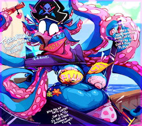 anthro big_breasts bra breasts clothing dagger dialogue embarrassed female melee_weapon nipples overweight overweight_female pirate pirate_hat polka_dots sea ship solo sword tentacles text underwear vehicle wardrobe_malfunction water watercraft weapon roksim one_piece aquatic cephalopod coleoid decapodiform mollusk english_text hi_res story story_in_description