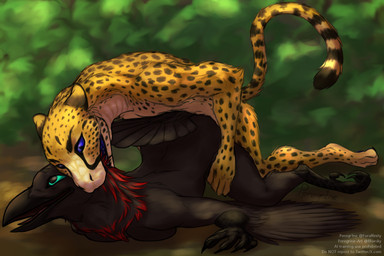 anthro avian_feet bite black_body black_feathers blue_eyes breasts doggystyle duo feathers female forest forest_background from_behind_position fur male male/female markings mounting nature nature_background plant scruff_bite sex spots spotted_body spotted_fur tree wings yellow_body yellow_fur peregr1ne furchee avian cheetah felid feline hybrid mammal reptile scalie snake viper 3:2 hi_res