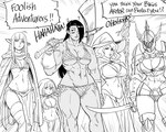 5:4 absurd_res armor axe baalbuddy bikini black_hair breast_size_difference breasts cleavage clothed clothing elf english_text female group hair halfling headgear helmet hi_res holding_axe holding_object human humanoid humanoid_pointy_ears mammal monochrome muscular muscular_female not_furry orc swimwear text