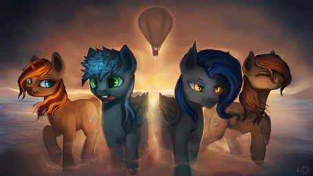 aircraft balloon blonde_hair blue_eyes blue_hair brown_hair cutie_mark detailed_background eyes_closed feathered_wings feathers female feral fur green_eyes grey_body grey_fur group hair horn hot_air_balloon inflatable male open_mouth outside red_hair sunset teeth tongue vehicle water wings yellow_eyes photonoko hasbro my_little_pony mythology fan_character equid equine mammal mythological_creature mythological_equine pegasus unicorn 16:9 digital_media_(artwork) digital_painting_(artwork) hi_res painting_(artwork) widescreen