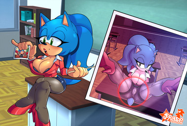 5_fingers anthro big_breasts biped black_nose blue_hair blush book bookshelf bottomwear bra breasts butt chalkboard classroom cleavage clothed clothing crossed_legs crossgender desk detailed_background female fingers footwear front_view furgonomics furniture green_eyes hair half-closed_eyes high_heels holding_object information_board inside jacket legwear lipstick long_hair makeup markings miniskirt mole_(marking) mtf_crossgender narrowed_eyes on_desk open_mouth panties pantyhose photo school shirt shoes sitting skirt solo spread_legs spreading table tail tail_through_skirt tail_under_skirt three-quarter_view topwear underwear missphase sega sonic_the_hedgehog_(series) sonic_the_hedgehog eulipotyphlan hedgehog mammal 2018 e621_post_recursion hi_res picture_in_picture