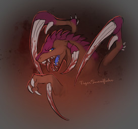 blood blue_eyes bodily_fluids brown_body claws exoskeleton male markings purple_markings quadruped solo spines tusks yellow_sclera tigersnowflake blizzard_entertainment starcraft drythkalt zerg zergling hi_res